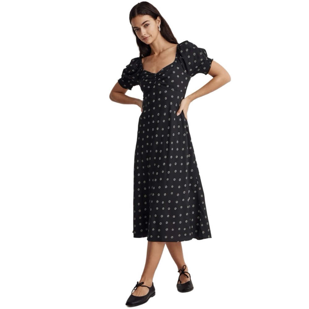 NEW Madewell Sweetheart Puff-Sleeve Midi Dress in Stardot Navy Blue Size 0